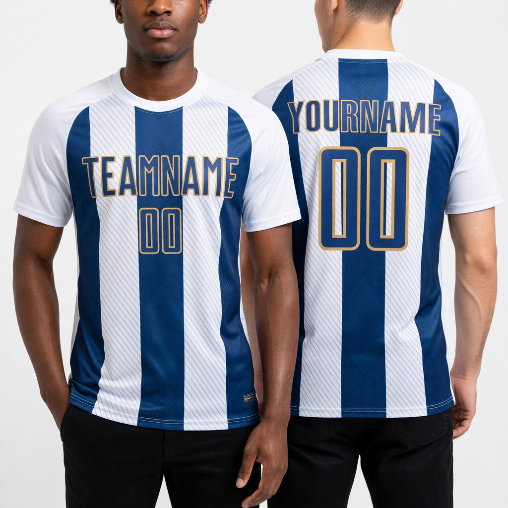 Custom White Royal-Old Gold Line Sublimation Soccer Uniform Jersey worn front and back