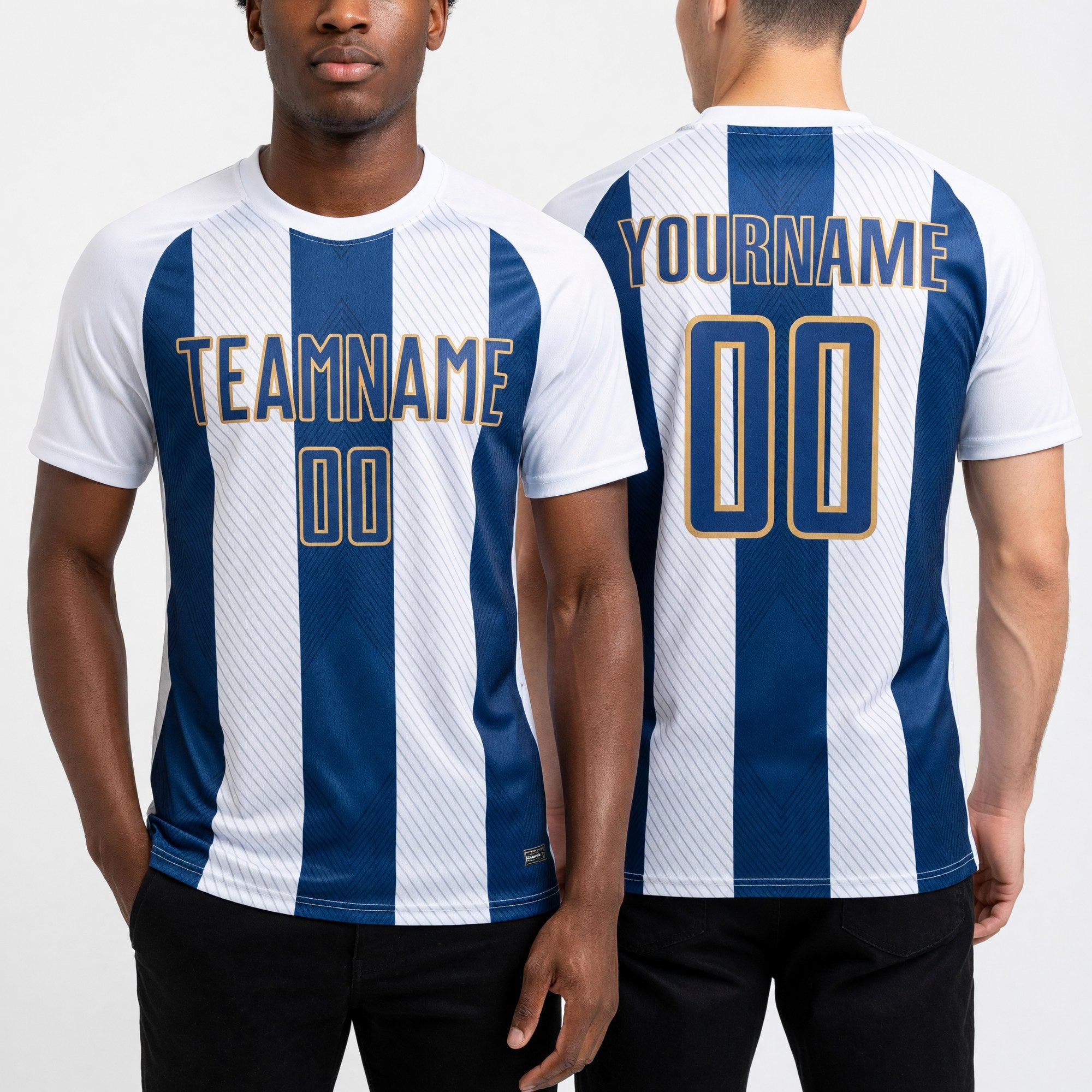 Custom White Royal-Old Gold Line Sublimation Soccer Uniform Jersey worn front and back