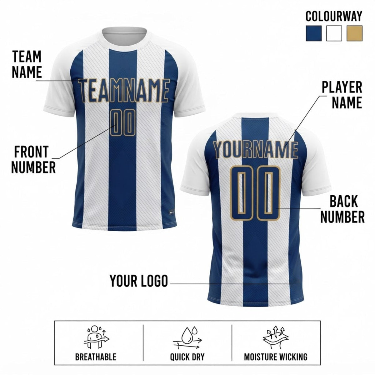 Custom White Line Sublimated Soccer Jersey with Royal and Old Gold Lettering customization guide