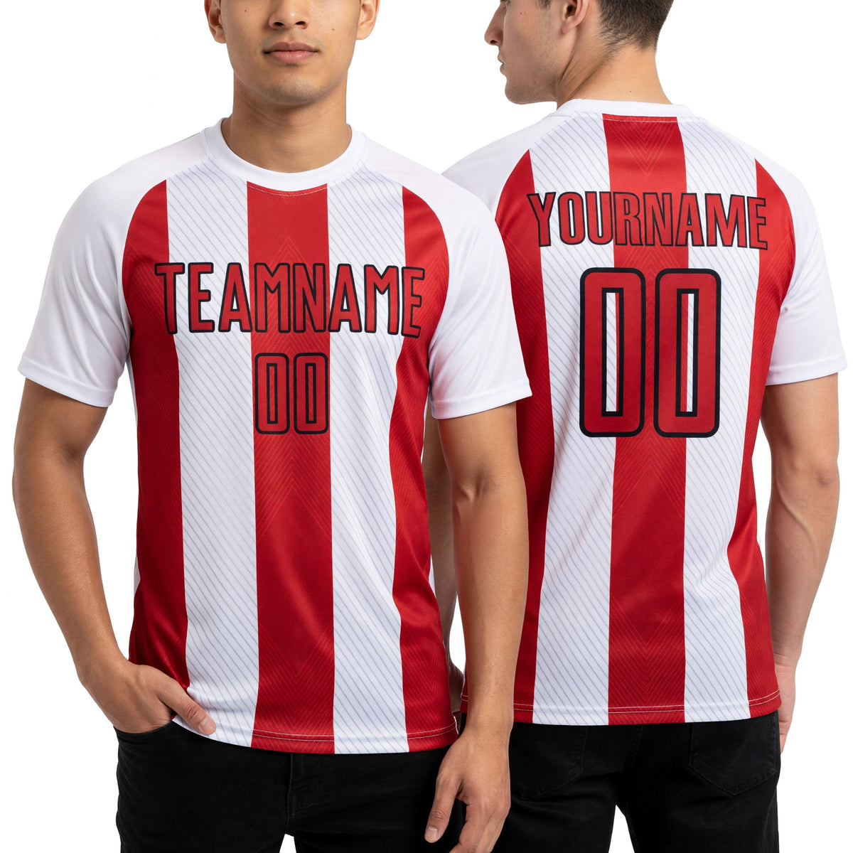 Custom White Red-Black Line Sublimation Soccer Uniform Jersey worn front and back