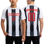 Custom White Red-Black Line Sublimation Soccer Uniform Jersey worn front and back