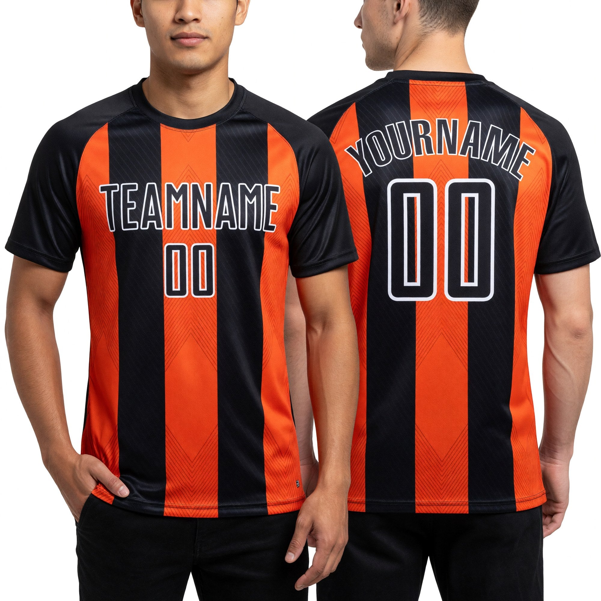 Custom Black Orange-White Line Sublimation Soccer Uniform Jersey worn front and back