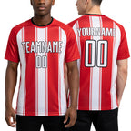 Custom Red White-Black Line Sublimation Soccer Uniform Jersey worn front and back