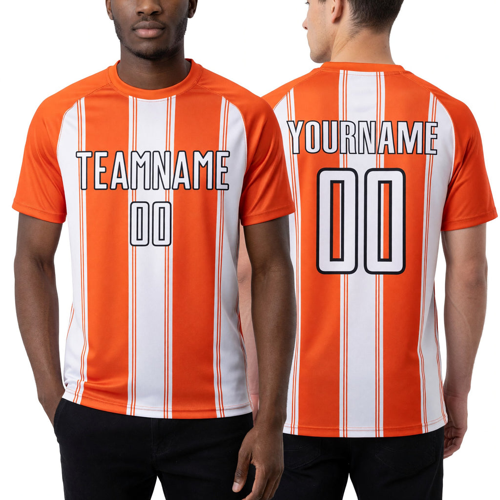 Custom Orange White-Black Line Sublimation Soccer Uniform Jersey worn front and back