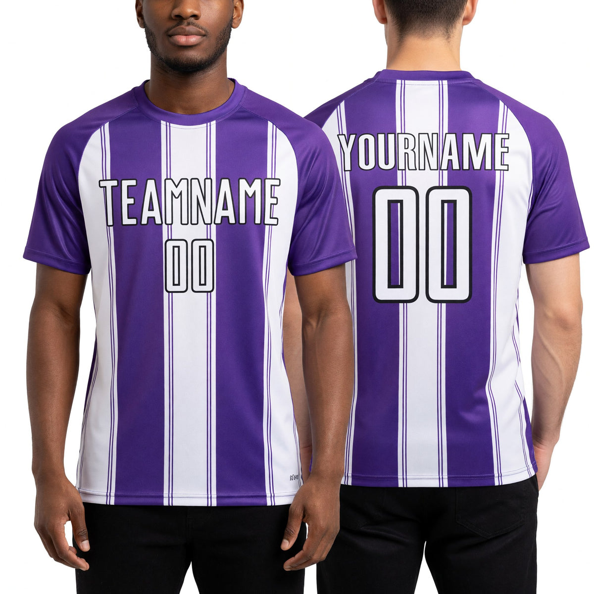 Custom Purple White-Black Line Sublimation Soccer Uniform Jersey worn front and back
