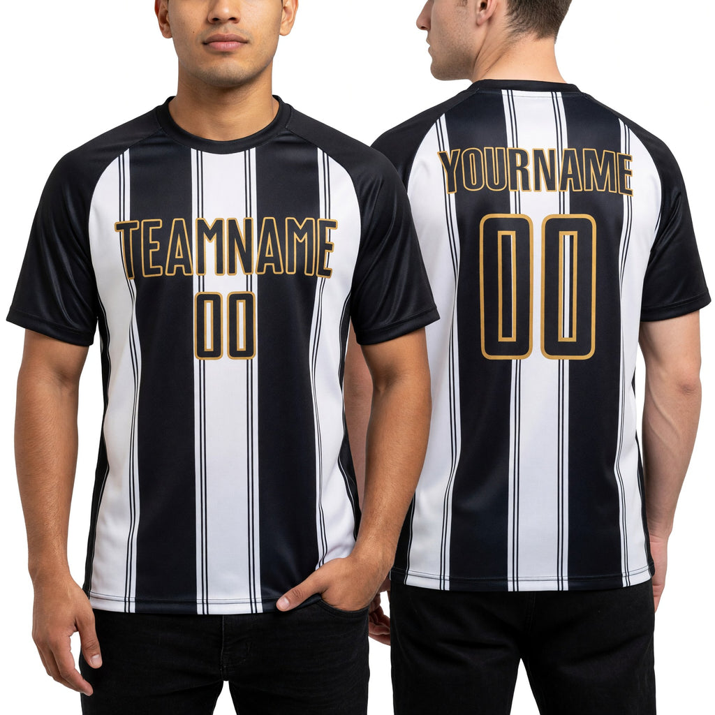 Custom Black White-Old Gold Line Sublimation Soccer Uniform Jersey worn front and back