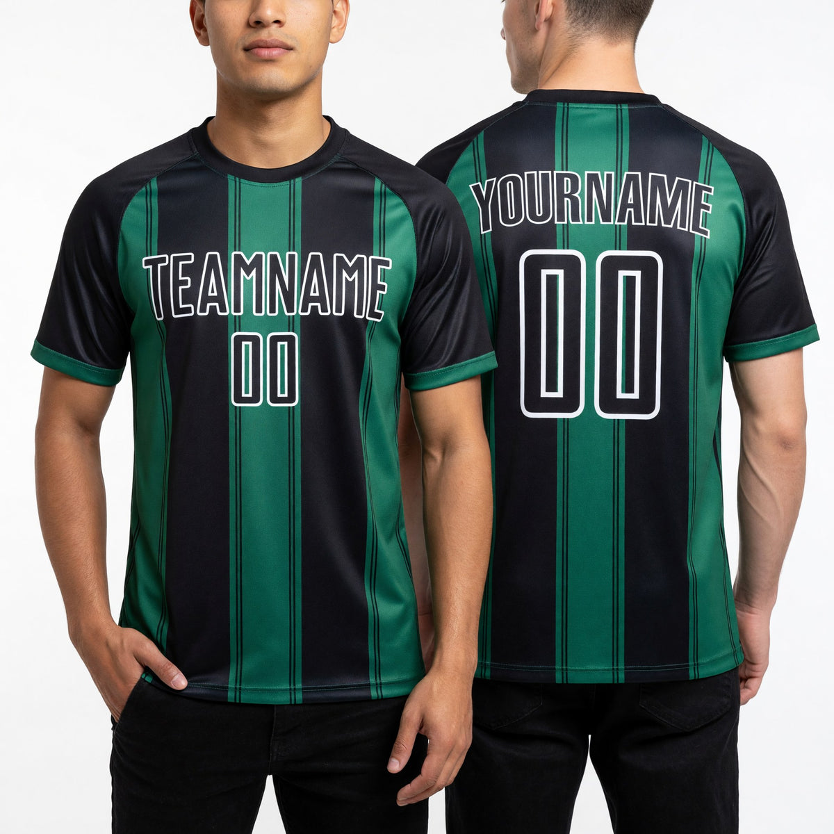 Custom Black Kelly Green-White Line Sublimation Soccer Uniform Jersey worn front and back