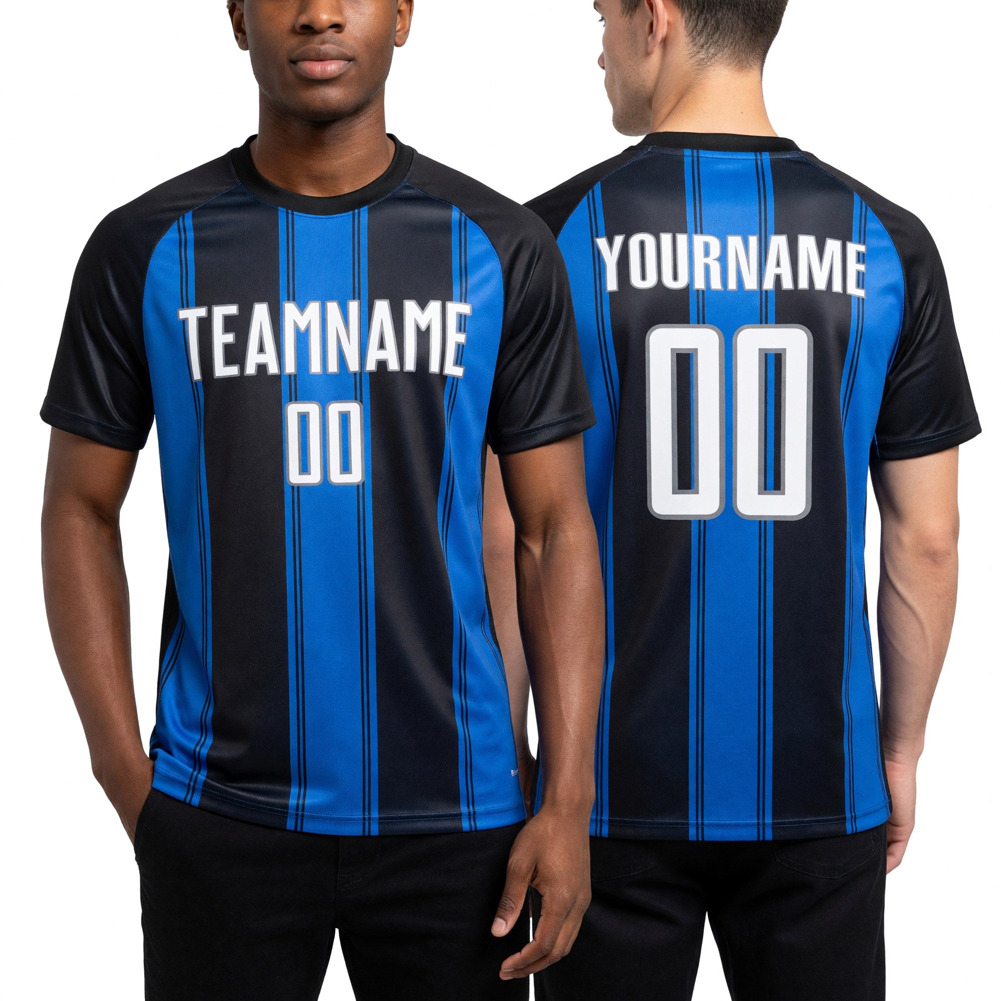 Custom Black White-Thunder Blue Line Sublimation Soccer Uniform Jersey worn front and back