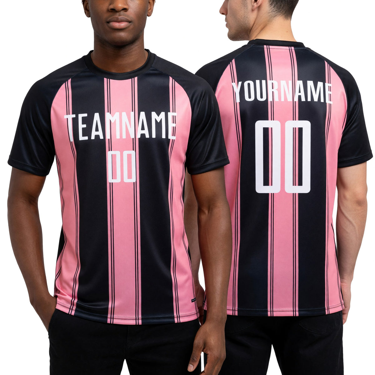Custom Black White-Medium Pink Line Sublimation Soccer Uniform Jersey worn front and back