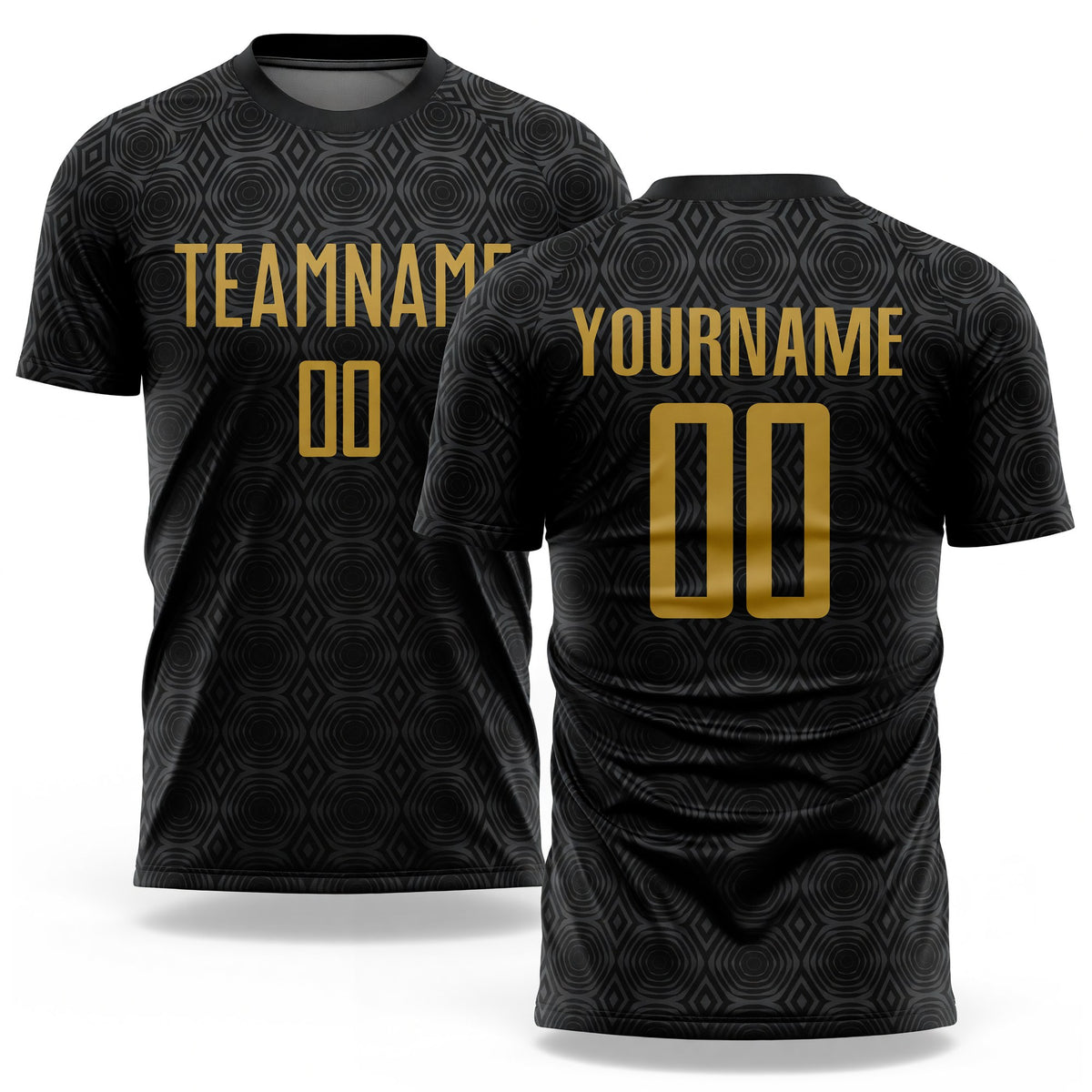 Custom Black Old Gold Geometric Shapes Sublimation Soccer Uniform Jersey