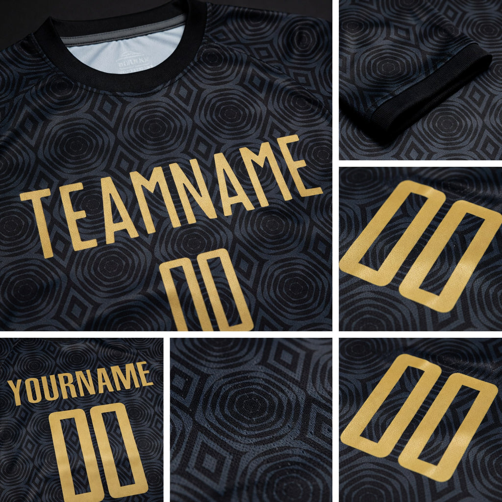 Custom Black Old Gold Geometric Shapes Sublimation Soccer Uniform Jersey detail