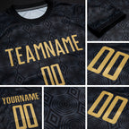 Custom Black Old Gold Geometric Shapes Sublimation Soccer Uniform Jersey detail