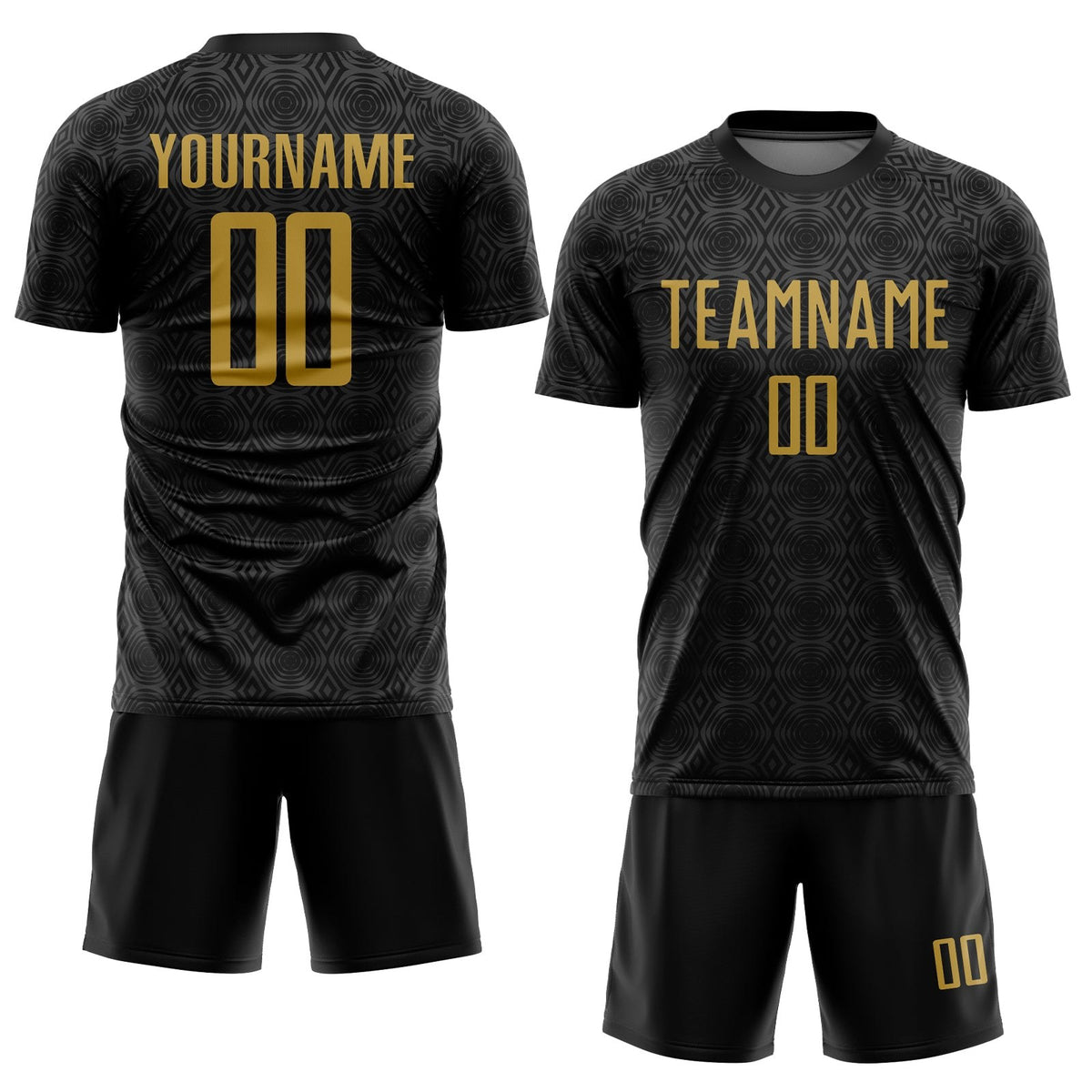 Custom Black Old Gold Geometric Shapes Sublimation Soccer Uniform Jersey photo 2