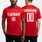 Custom Red White Geometric Shapes Sublimation Soccer Uniform Jersey worn front and back