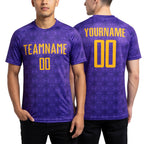 Custom Purple Gold Geometric Shapes Sublimation Soccer Uniform Jersey worn front and back