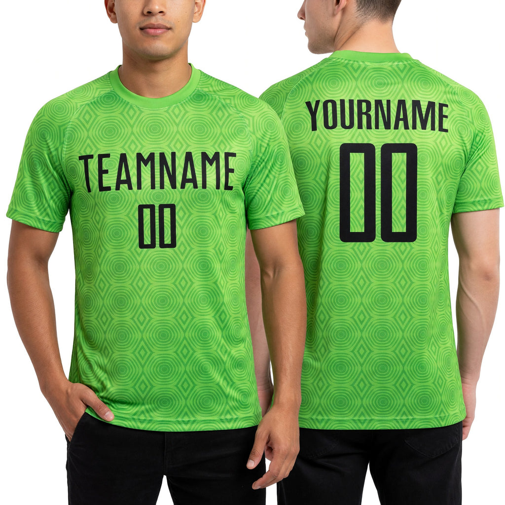 Custom Neon Green Black Geometric Shapes Sublimation Soccer Uniform Jersey worn front and back