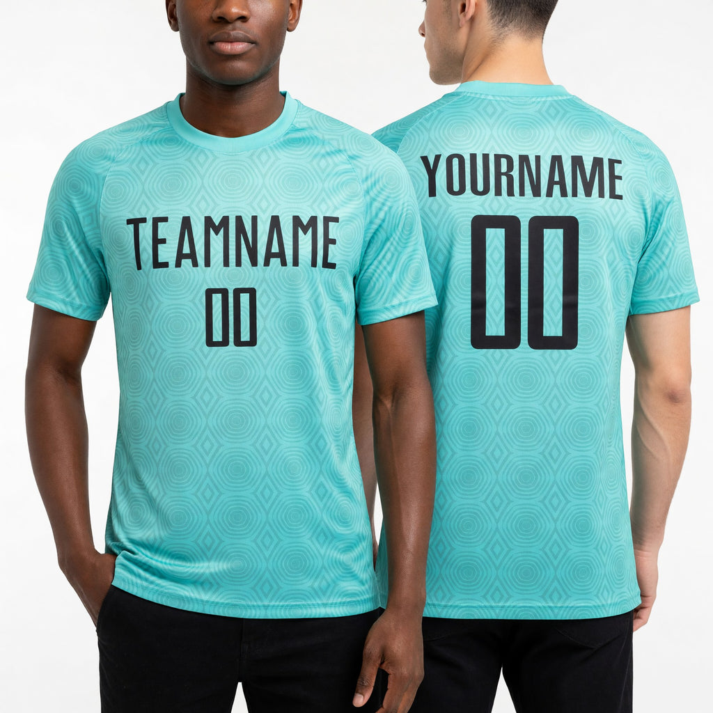 Custom Ice Blue Black Geometric Shapes Sublimation Soccer Uniform Jersey worn front and back