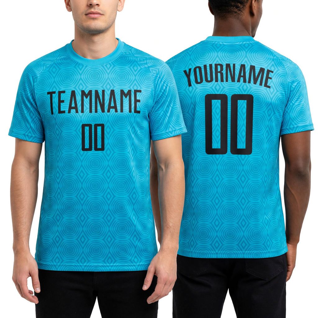 Custom Lakes Blue Black Geometric Shapes Sublimation Soccer Uniform Jersey worn front and back