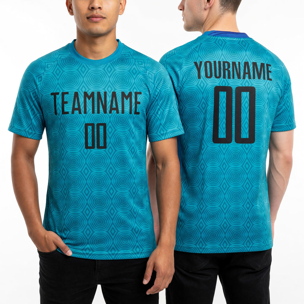 Custom Teal Black Geometric Shapes Sublimation Soccer Uniform Jersey worn front and back