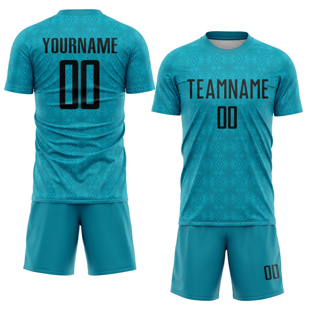 Custom Teal Black Geometric Shapes Sublimation Soccer Uniform Jersey photo 2