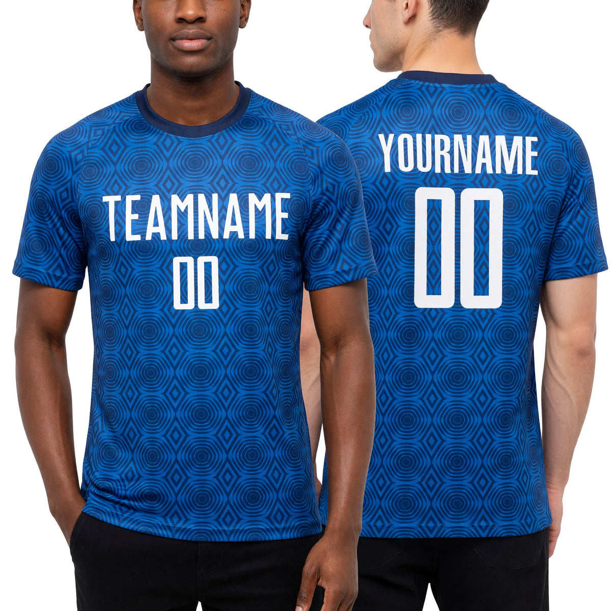 Custom US Navy Blue Black Geometric Shapes Sublimation Soccer Uniform Jersey worn front and back