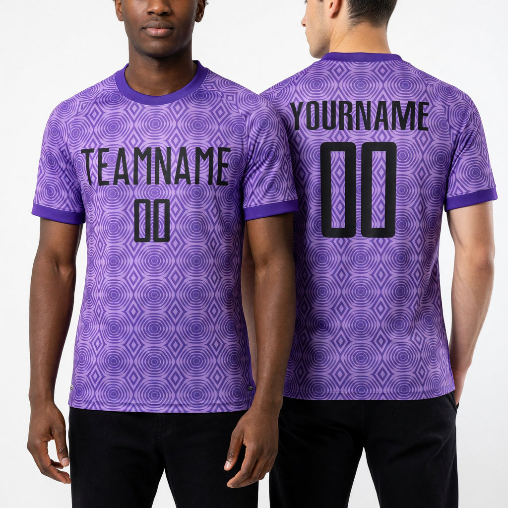 Custom Medium Purple Black-Light Purple Geometric Shapes Sublimation Soccer Uniform Jersey worn front and back
