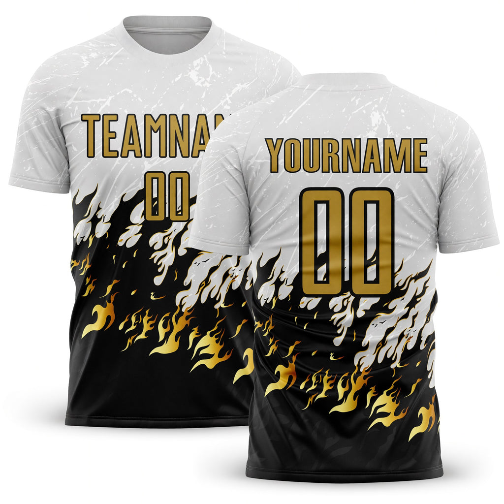 Custom White Old Gold-Black Flame Sublimation Soccer Uniform Jersey