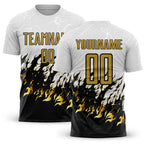 Custom White Old Gold-Black Flame Sublimation Soccer Uniform Jersey