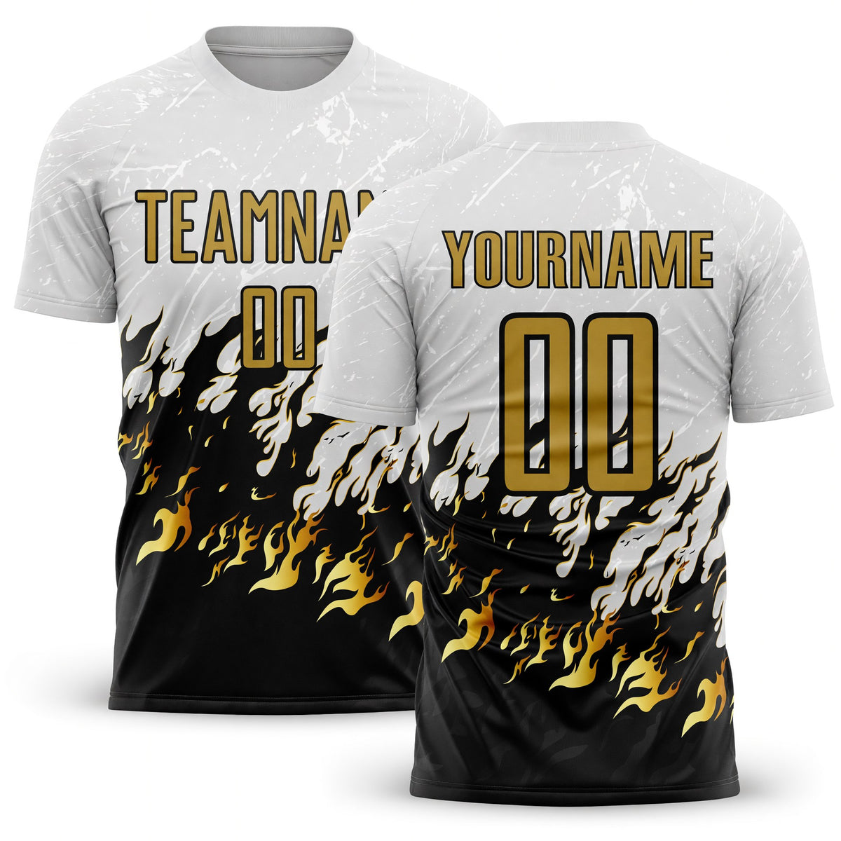 Custom White Old Gold-Black Flame Sublimation Soccer Uniform Jersey