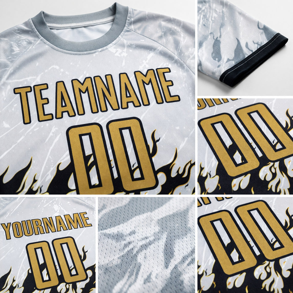 Custom White Old Gold-Black Flame Sublimation Soccer Uniform Jersey detail