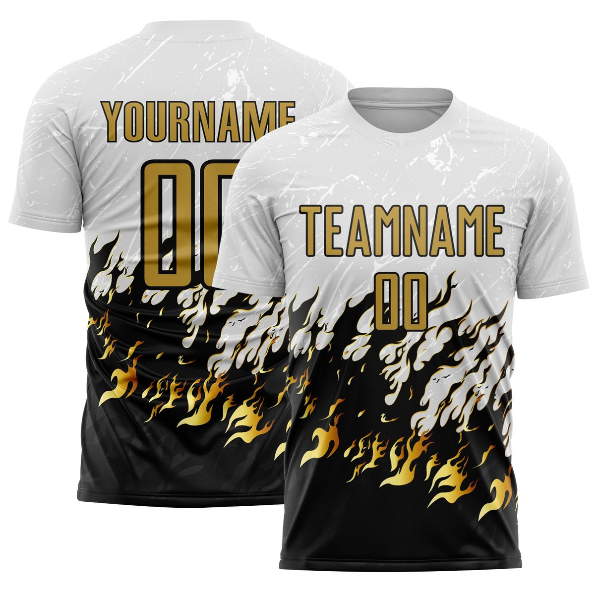 Custom White Old Gold-Black Flame Sublimation Soccer Uniform Jersey photo 1