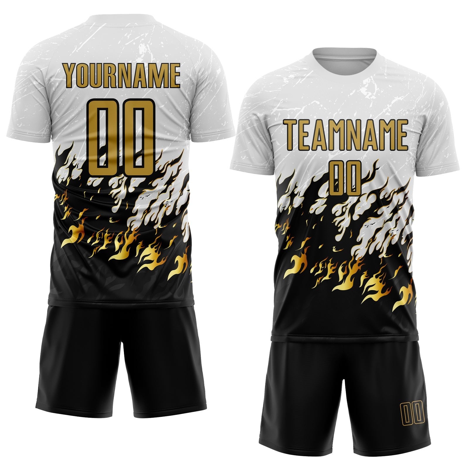 Custom White Old Gold-Black Flame Sublimation Soccer Uniform Jersey photo 2