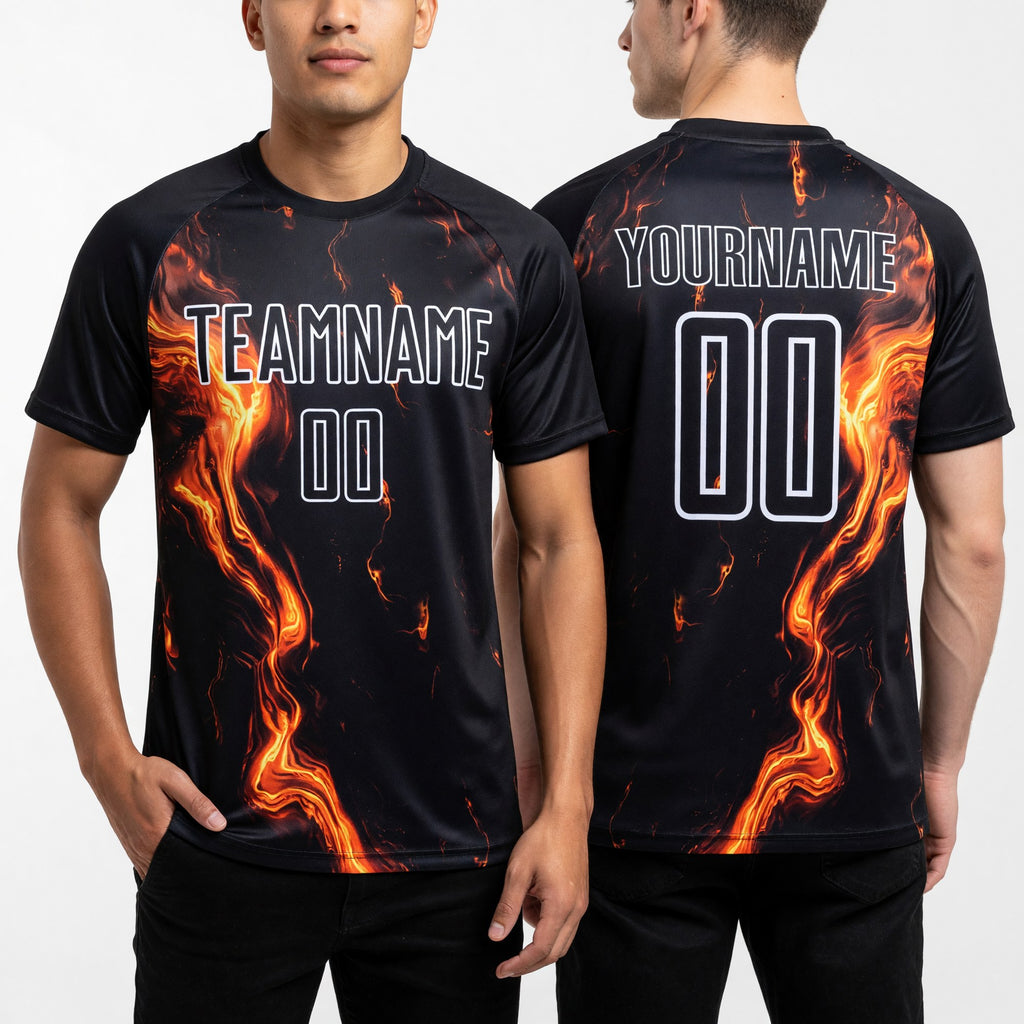 Custom Black Gold-White Flame Sublimation Soccer Uniform Jersey worn front and back