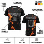 Custom Black Flame Sublimated Soccer Jersey with Gold and White Lettering Design 1931 customization guide
