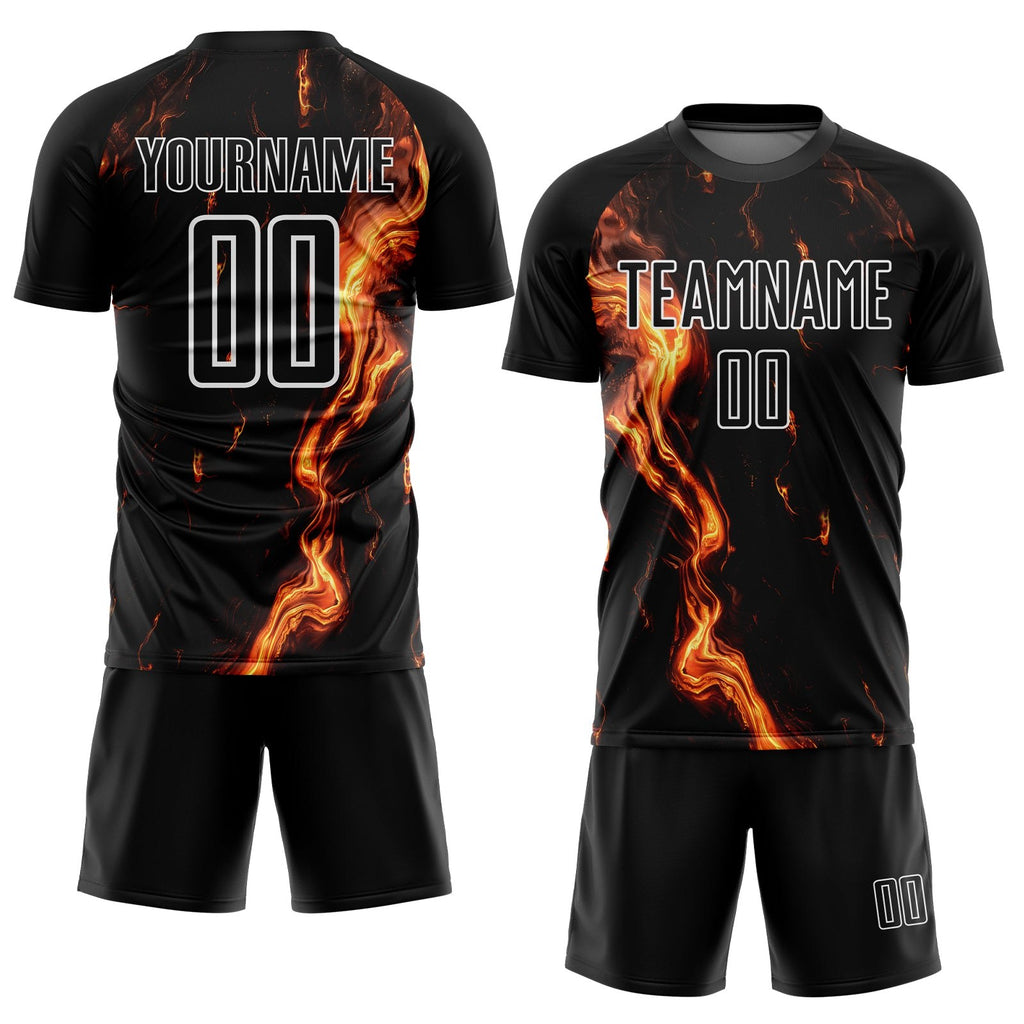 Custom Black Gold-White Flame Sublimation Soccer Uniform Jersey photo 2