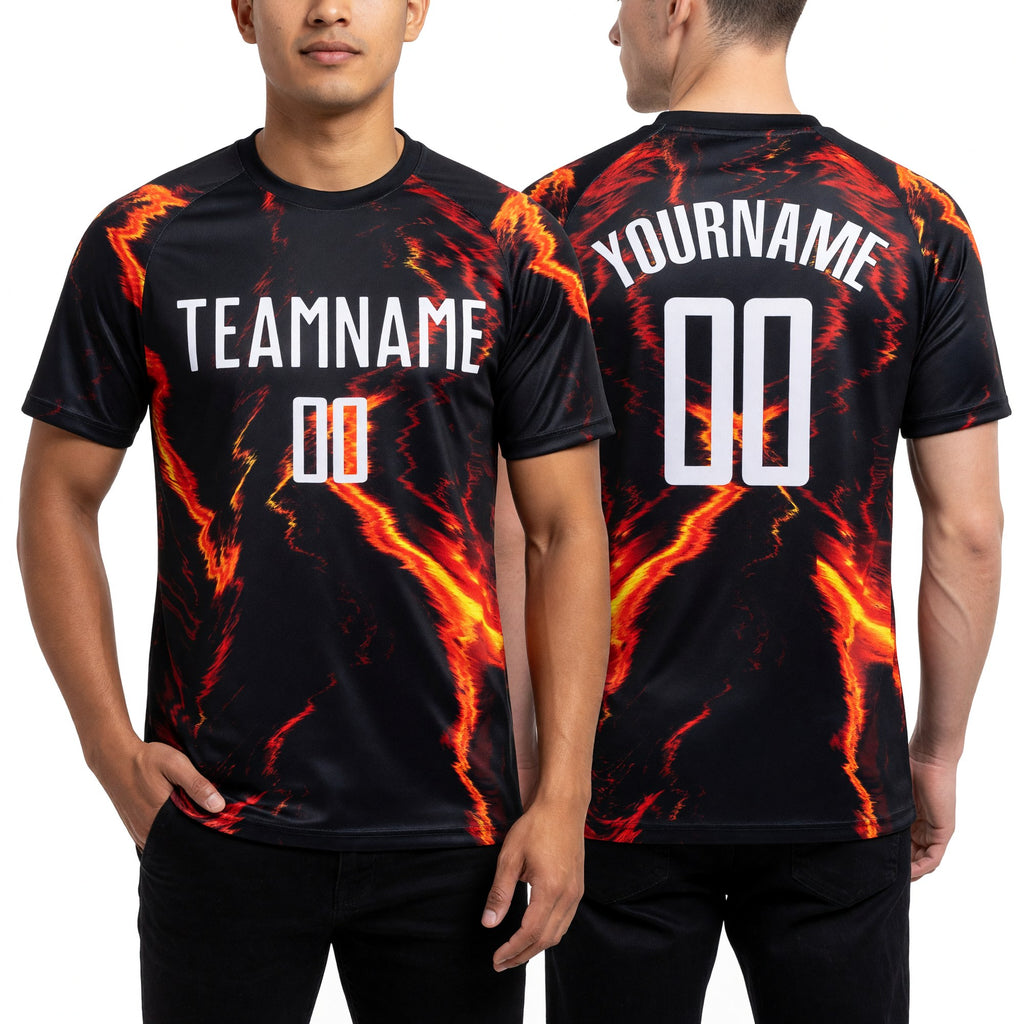 Custom Black White-Gold Flame Sublimation Soccer Uniform Jersey worn front and back