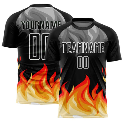 Custom Black and Gray Flame Sublimated Soccer Jersey with Red and Gold Lettering Design 1942