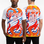 Custom White Red-Gold Flame Sublimation Soccer Uniform Jersey worn front and back