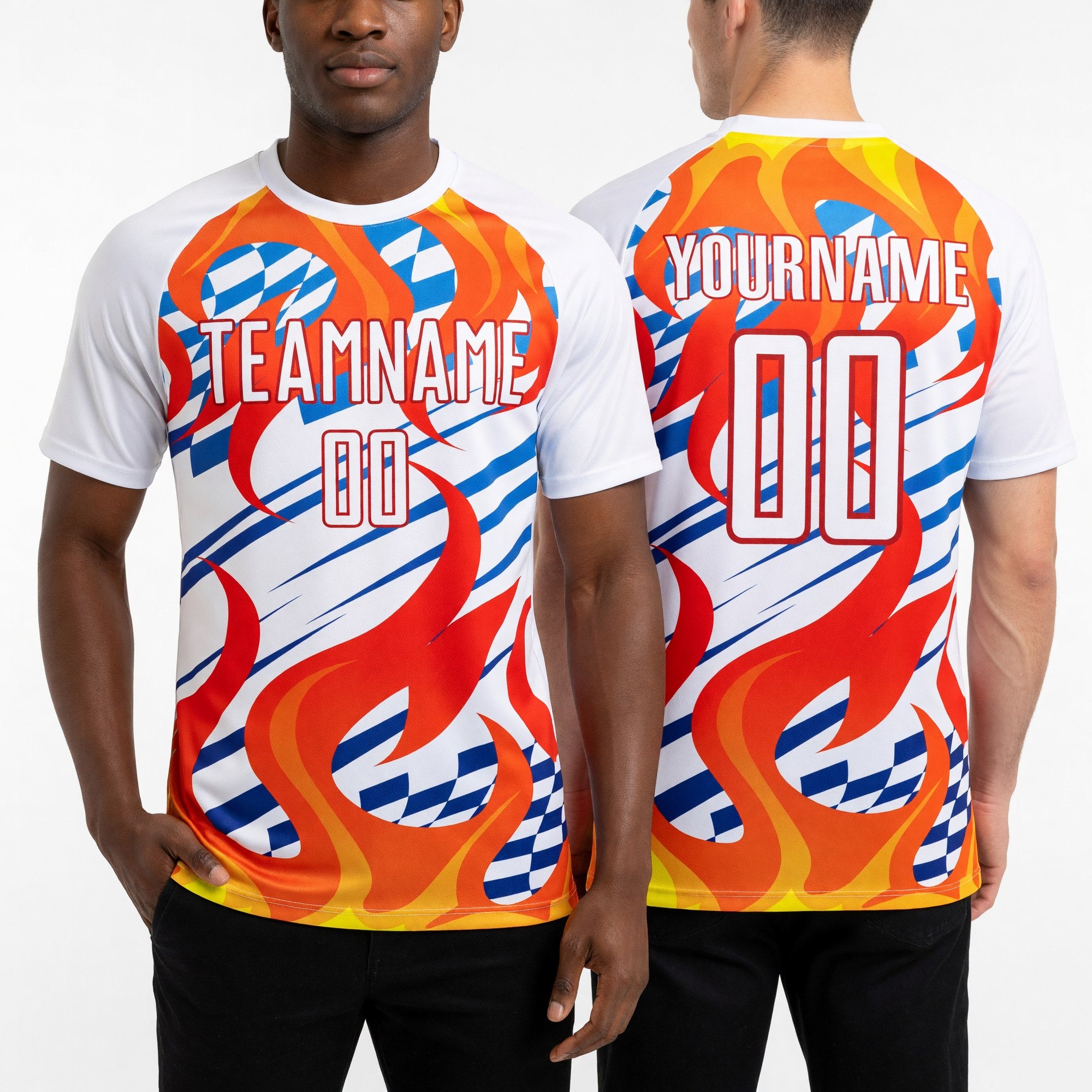 Custom White Red-Gold Flame Sublimation Soccer Uniform Jersey worn front and back