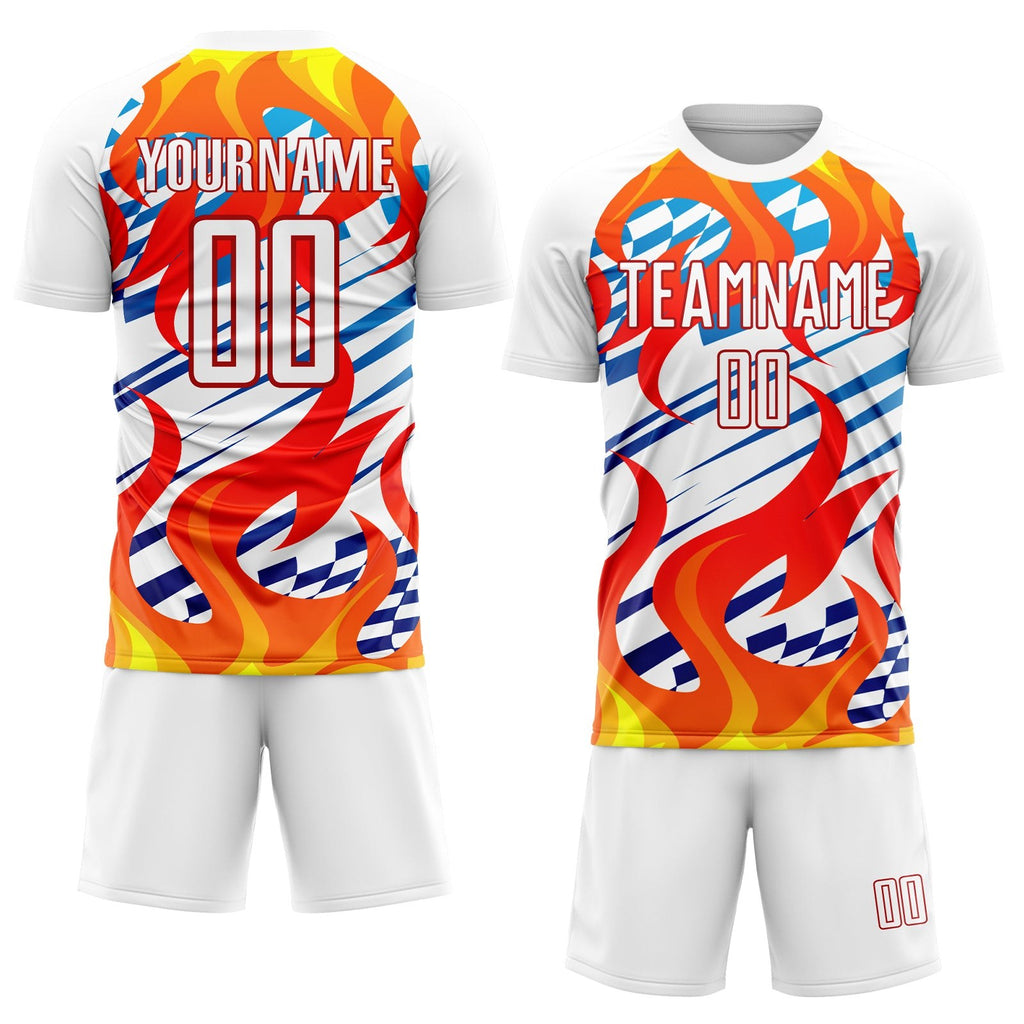 Custom White Red-Gold Flame Sublimation Soccer Uniform Jersey photo 2