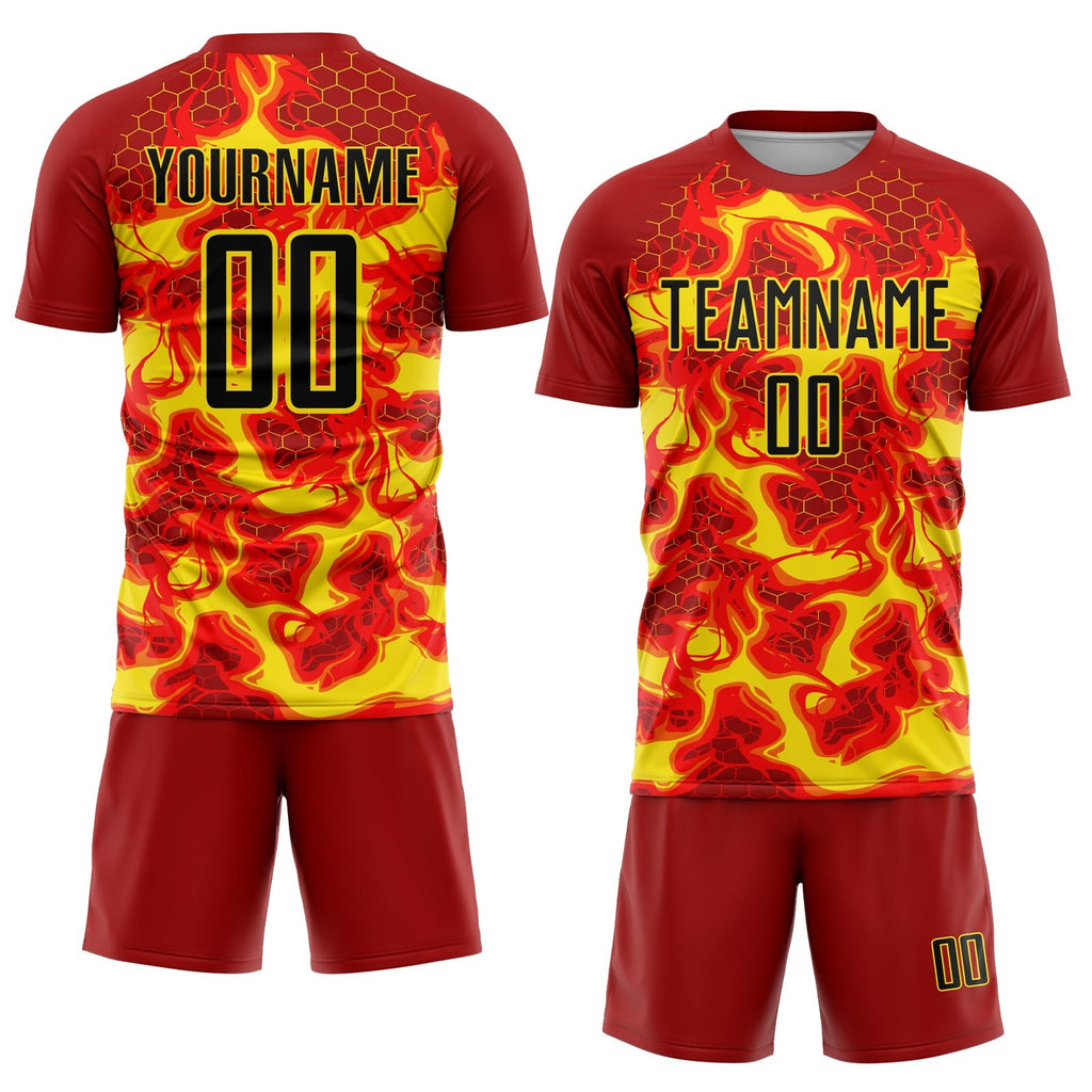 Custom Red Black-Light Yellow Flame Sublimation Soccer Uniform Jersey photo 2