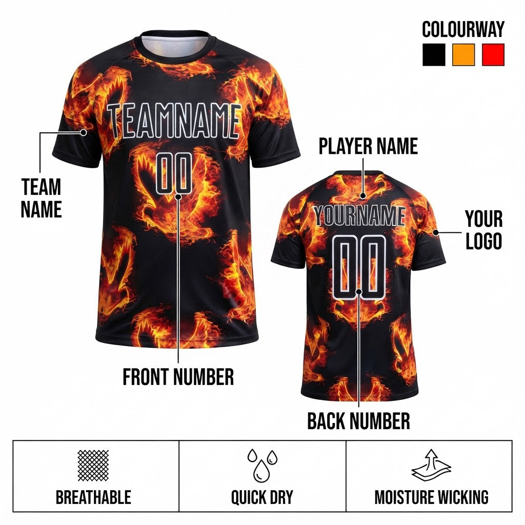 Custom Black Bird Flame Sublimated Soccer Jersey with Red and Gold Lettering customization guide