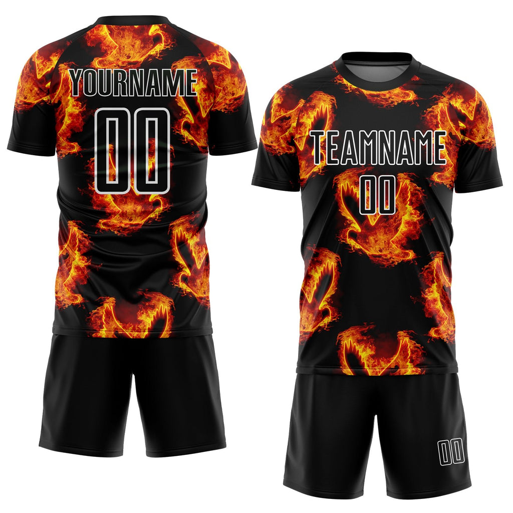 Custom Black Red-Gold Bird Flame Sublimation Soccer Uniform Jersey photo 2