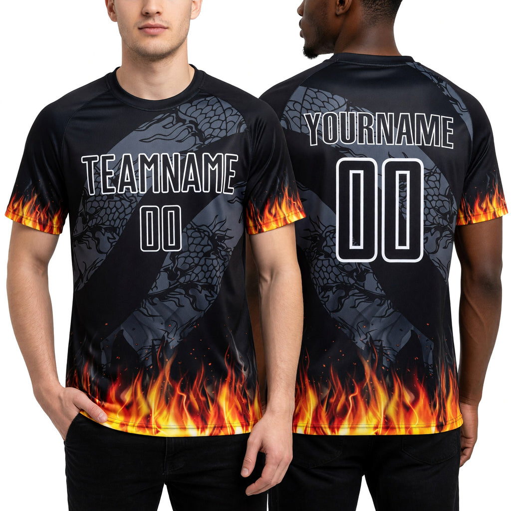 Custom Black Red-Gold Flame Sublimation Soccer Uniform Jersey worn front and back