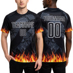 Custom Black Red-Gold Flame Sublimation Soccer Uniform Jersey worn front and back