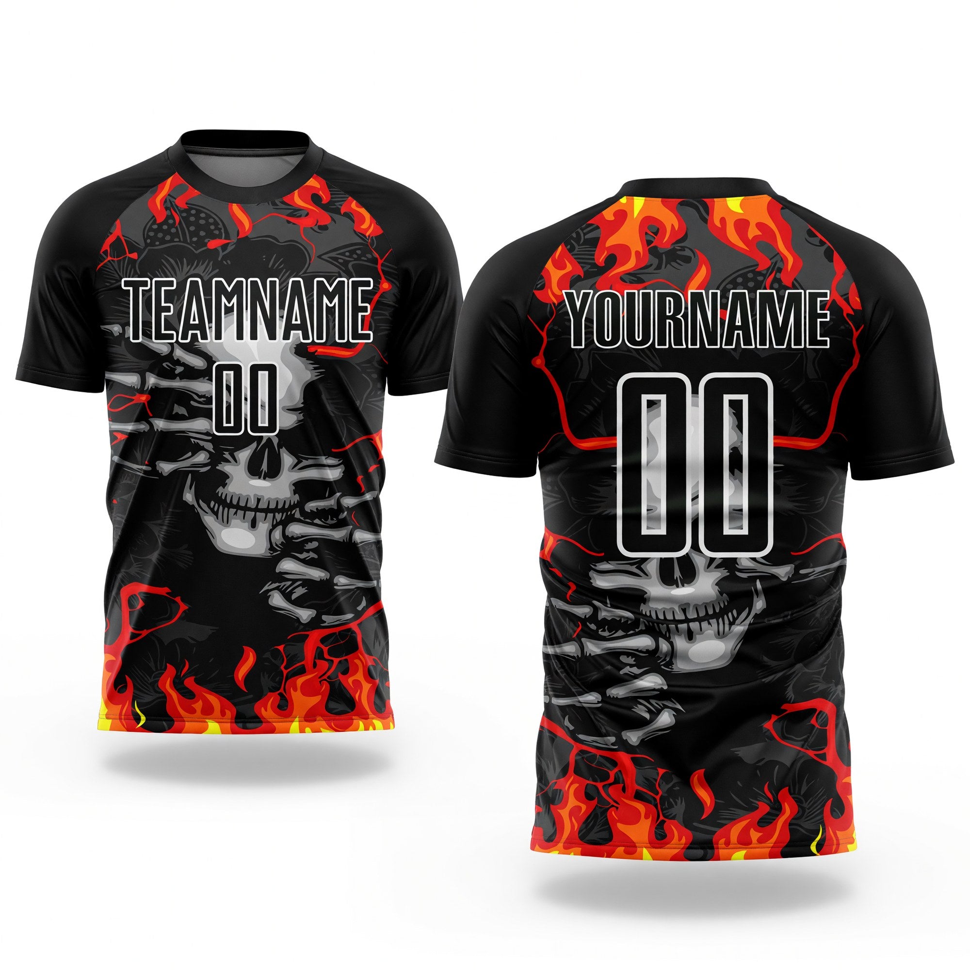 Custom Black Red-Gold Skull Flame Sublimation Soccer Uniform Jersey