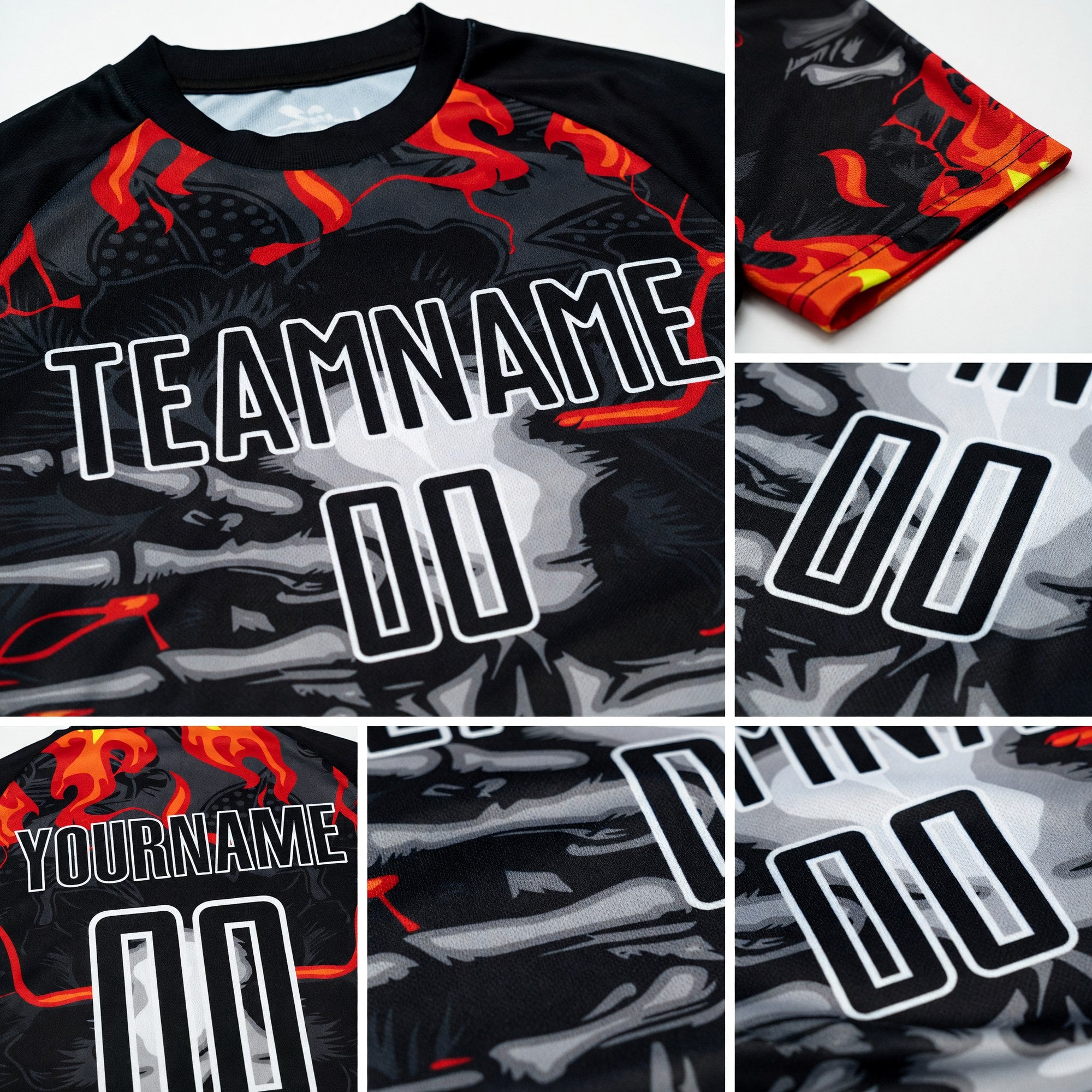 Custom Black Red-Gold Skull Flame Sublimation Soccer Uniform Jersey detail