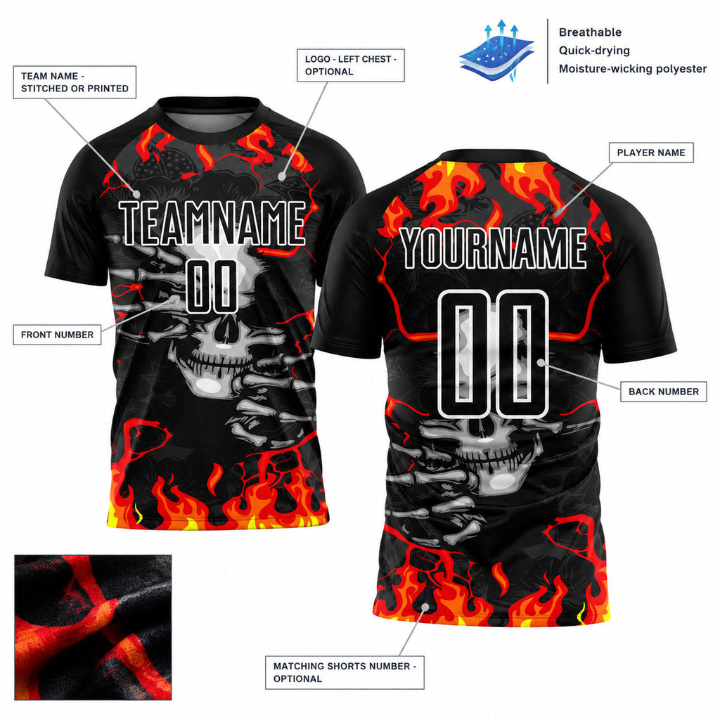Custom Black Skull Flame Sublimated Soccer Jersey with Red and Gold Lettering customization guide