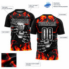 Custom Black Skull Flame Sublimated Soccer Jersey with Red and Gold Lettering customization guide