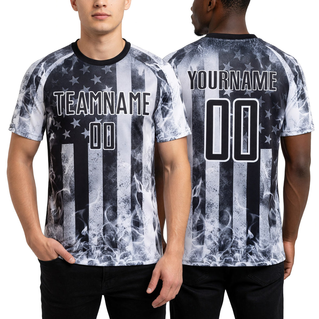 Custom Black Gray-White American Flag Flame Sublimation Soccer Uniform Jersey worn front and back